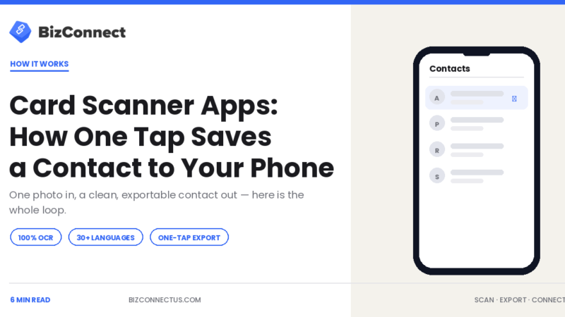 Card scanner app turning a business card into a saved phone contact