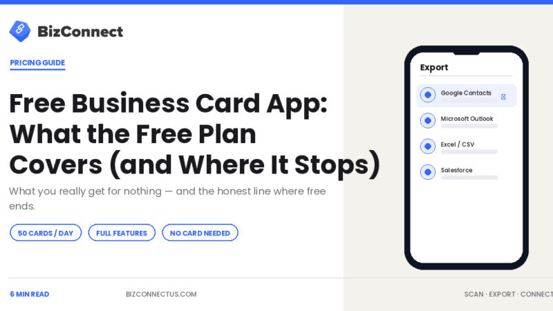 Free business card app plan showing export options on a phone