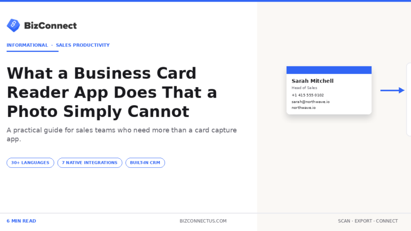 Business card reader app processing a card