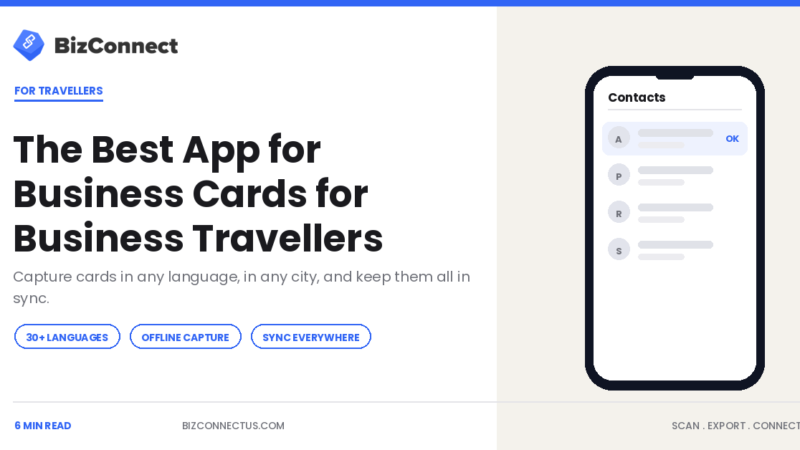 Business traveller scanning a card with the best app for business cards