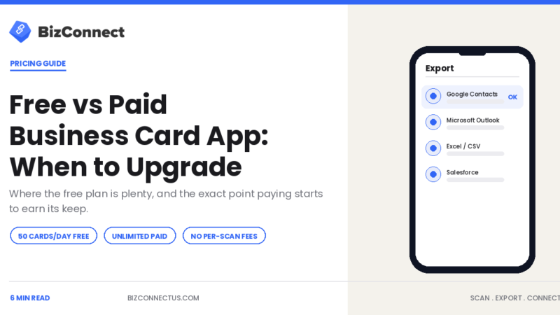 Comparing free and paid business card app plans on a phone