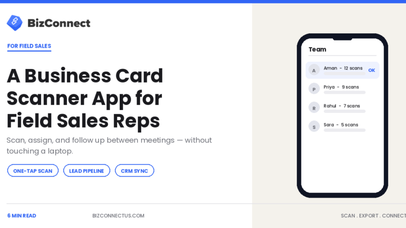 Field sales rep using a business card scanner app between meetings