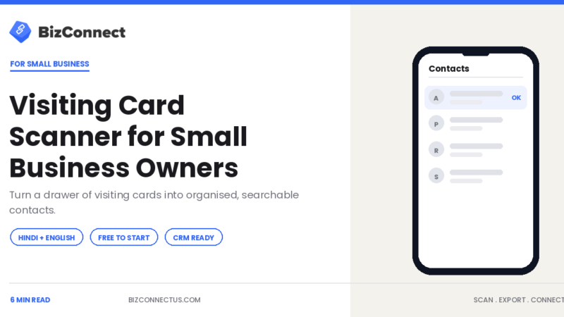 Small business owner using a visiting card scanner in India