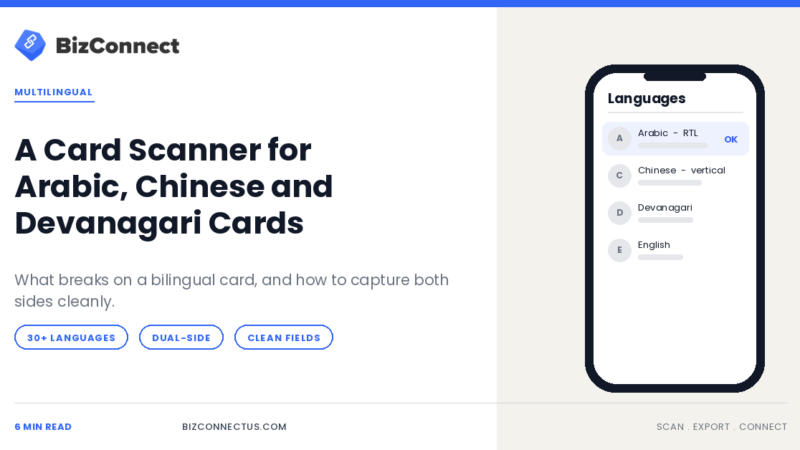 Card scanner reading multi-language business cards in Arabic, Chinese and Devanagari