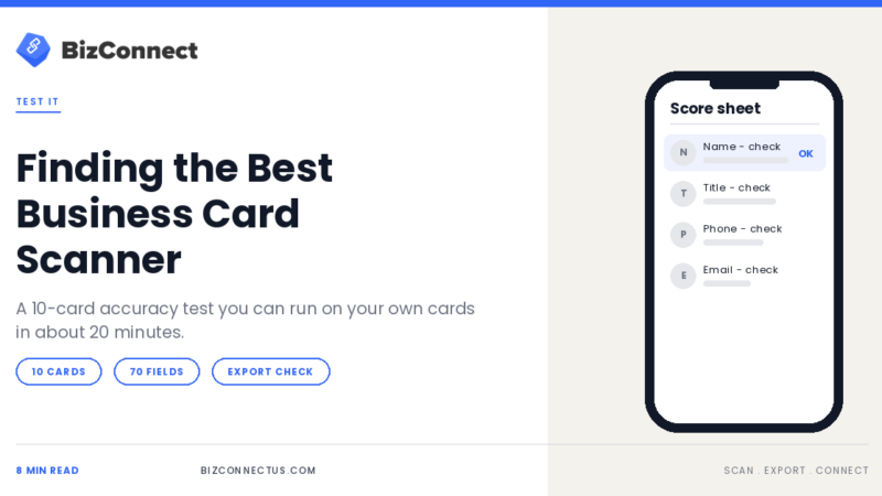 Ten business cards being tested for scanner accuracy field by field