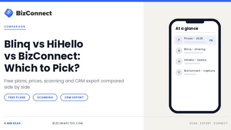 Blinq, HiHello and BizConnect business card apps compared side by side
