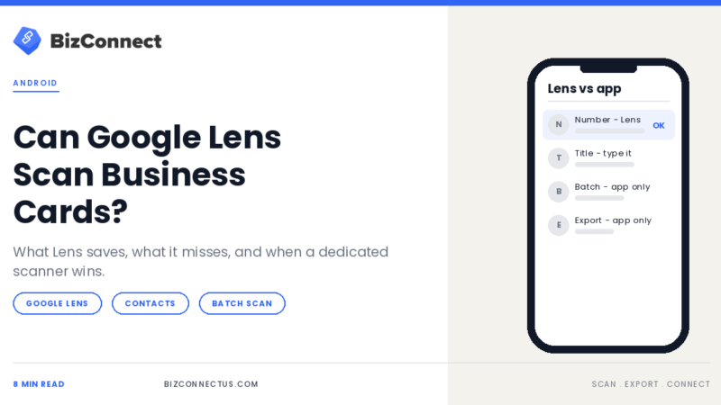 Google Lens reading a business card compared with a dedicated business card scanner app