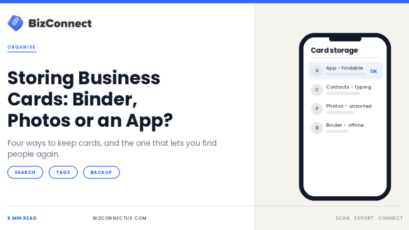 Business cards in a binder, phone photos and a business card app compared