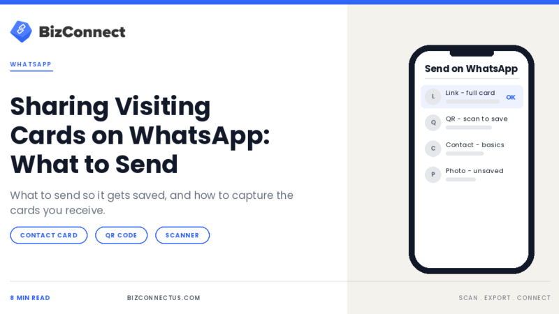 Sharing a digital visiting card on WhatsApp and scanning a paper visiting card
